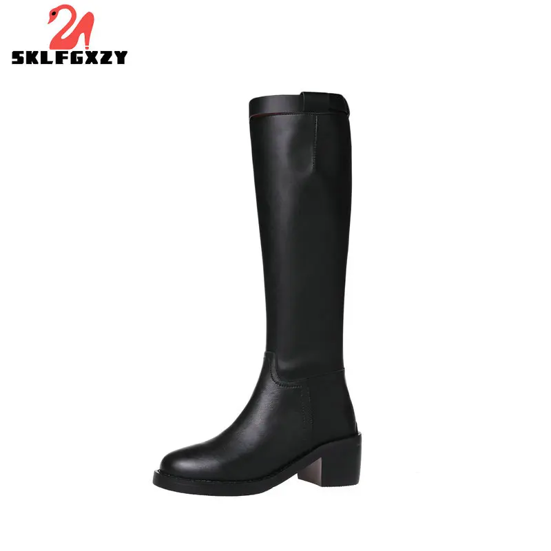 

SKLFGXZY 2021 Cow Leather High Quality Round Toe Riding Equestrian Boots Zipper Buckle Straps Concise Designer Thigh High Boots