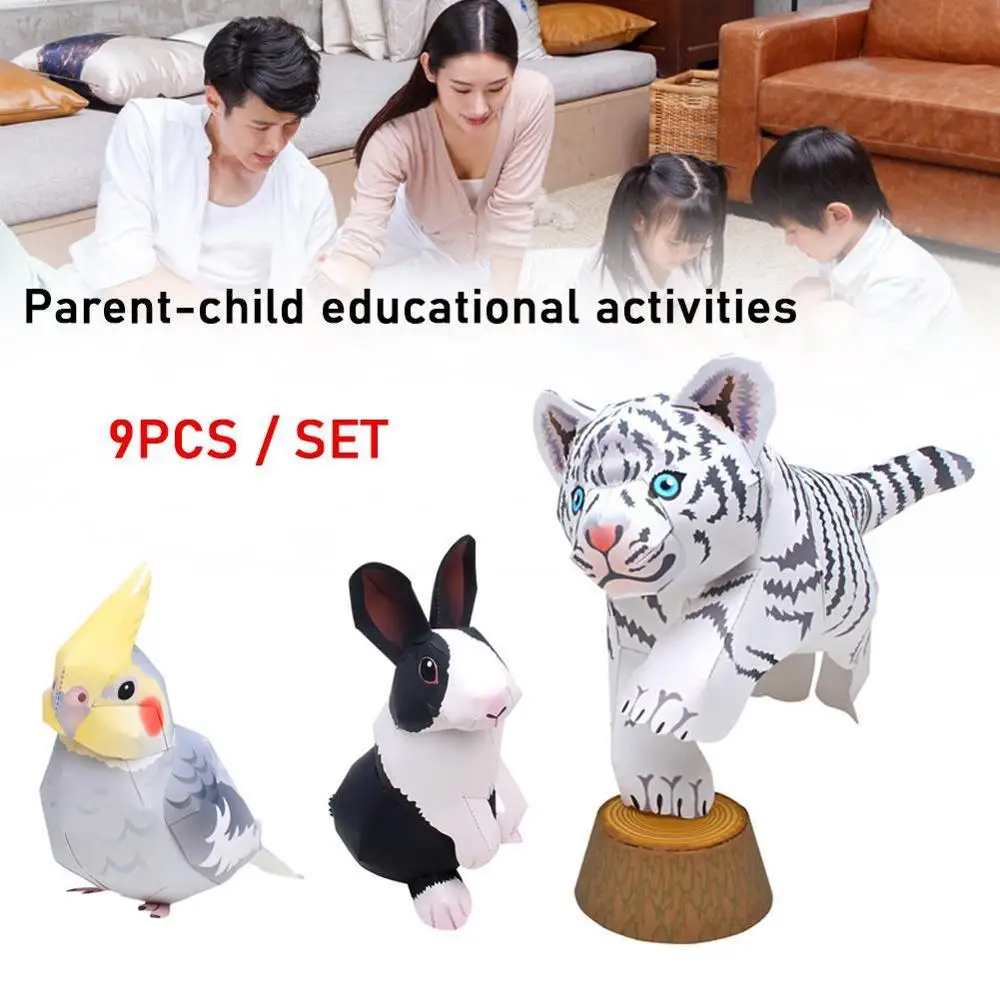 

9Pieces Set Cat Dog Tiger Horse Dog Pet Paper Model Handmade DIY Parent-child Educational Activities Paper Cutting
