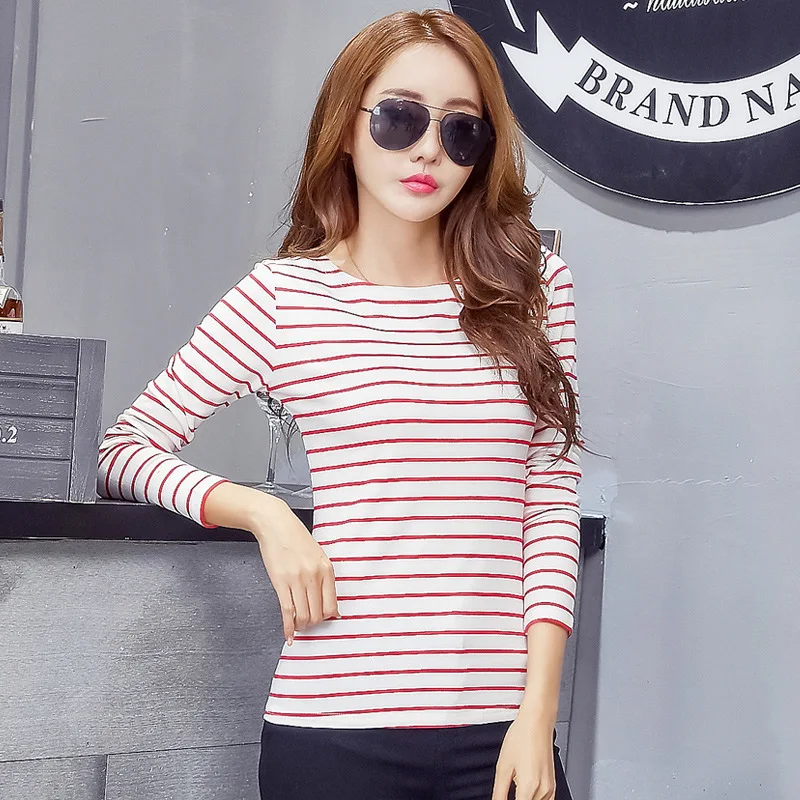 

Cotton T-shirt Women 2019 New Autumn Long Sleeve O-Neck Striped Female T-Shirt White Casual Basic Classic Tops