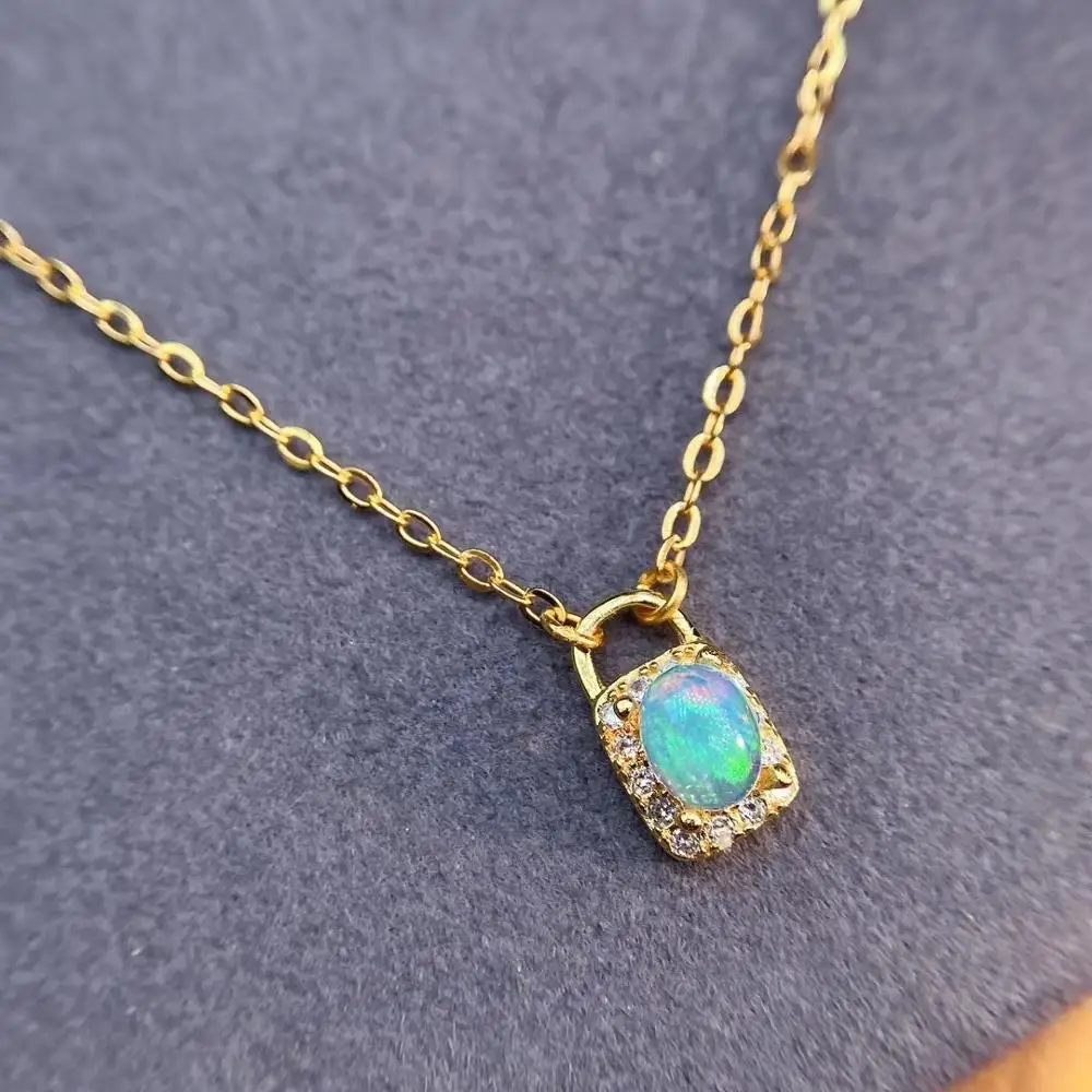

Natural multicolour opal stone Necklace natural gemstone Pendant Necklace S925 silver trendy delicate lock woman party Jewelry