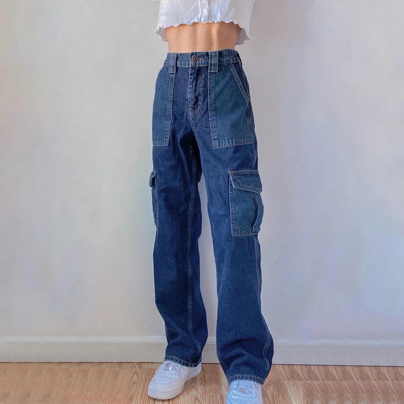 

Vintage Color Matching Women's Cargo Pants Patchwork Jeans With Pockets Casual Loose Trousers High Waist Jeans For Women 2021