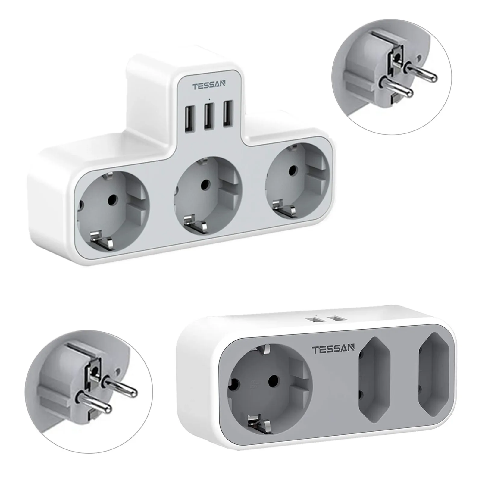 

TESSAN Compact Power Strip with 5V/2.4A USB Ports and 3 European Outlets Electrical Plug Extension Socket 110~250V 3600W