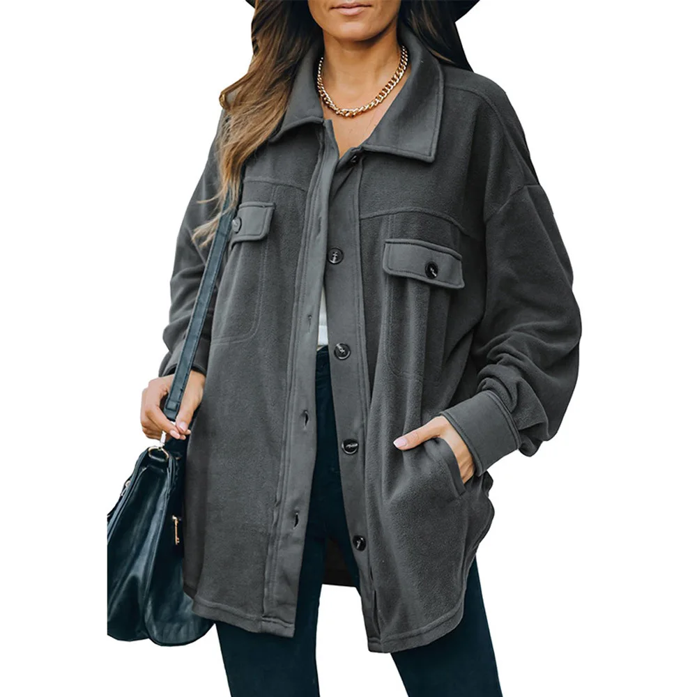 

Зимняя новая однотонная утепленная рубашка-куртка женская международная торговля Свободный Повседневный Кардиган-куртка 8511369