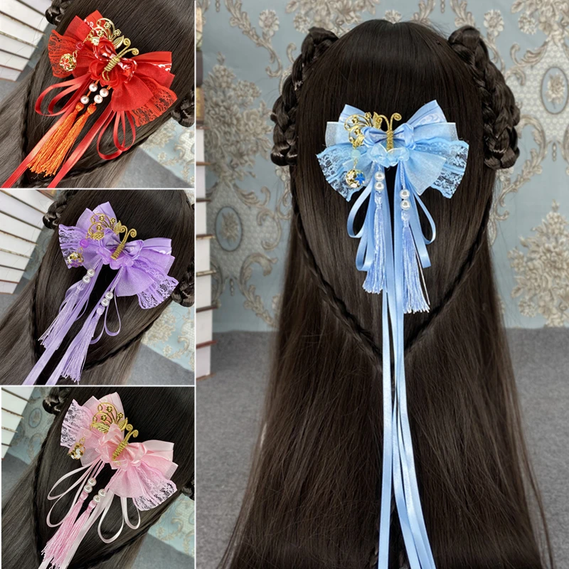 

Fashion Chinese style Hanfu Tang Costume Hair Clip Headdress Ancient Sakura Tassel Pendant Ribbon Bow Hairpin Girl Ornament