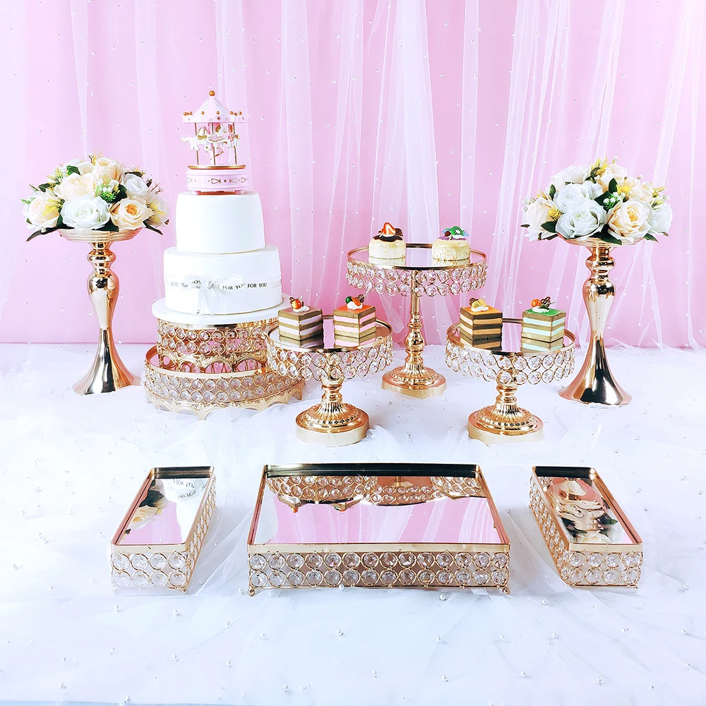 Conjunto de soporte de pastel de plata con cristal dorado, decoraci&oacute;n de magdalenas de metal con base de postre para fiesta, expositor de pastel, nuevo estilo-3