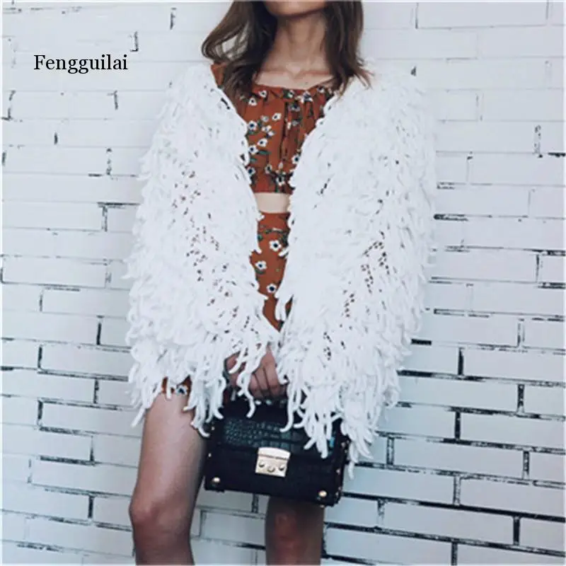 Fengguilai теплый вязаный пушистый белый кардиган женский свитер Мягкая Черная