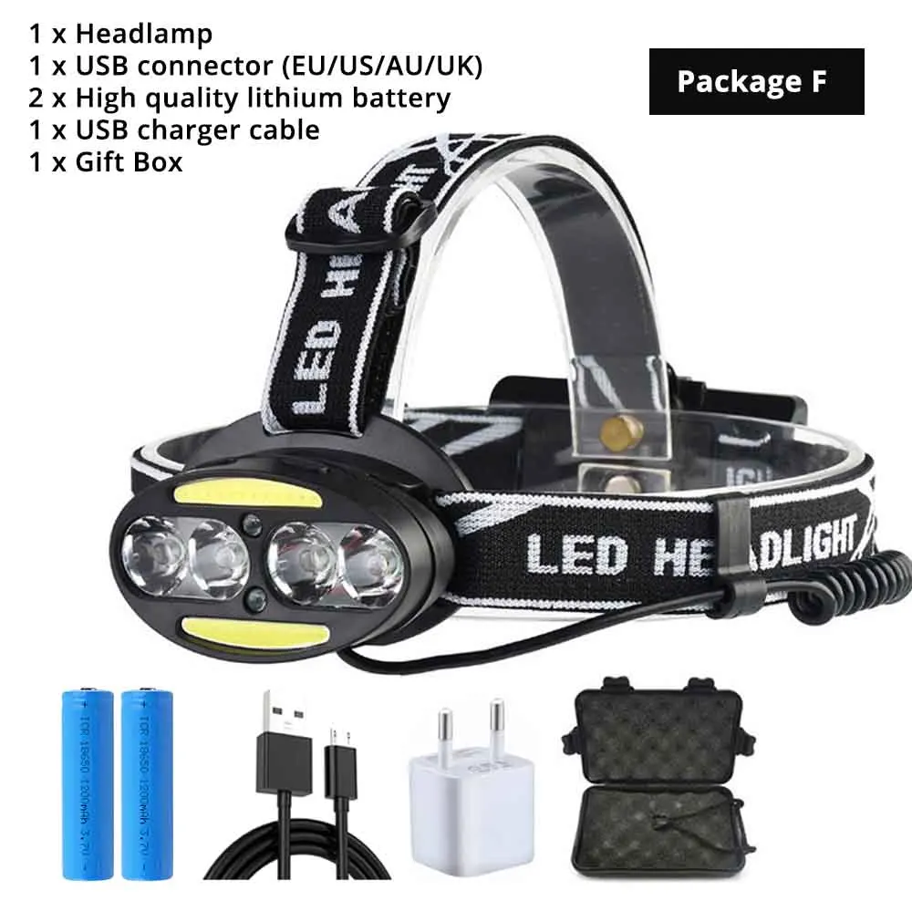 Package F Супер яркий светодиодный налобный фонарь 4 x T6+ 2 x COB+ 2 x Красный светодиодный водонепроницаемый светодиодный налобный фонарь 7 режимов освещения с зарядным устройством - Испускаемый цвет: Package F