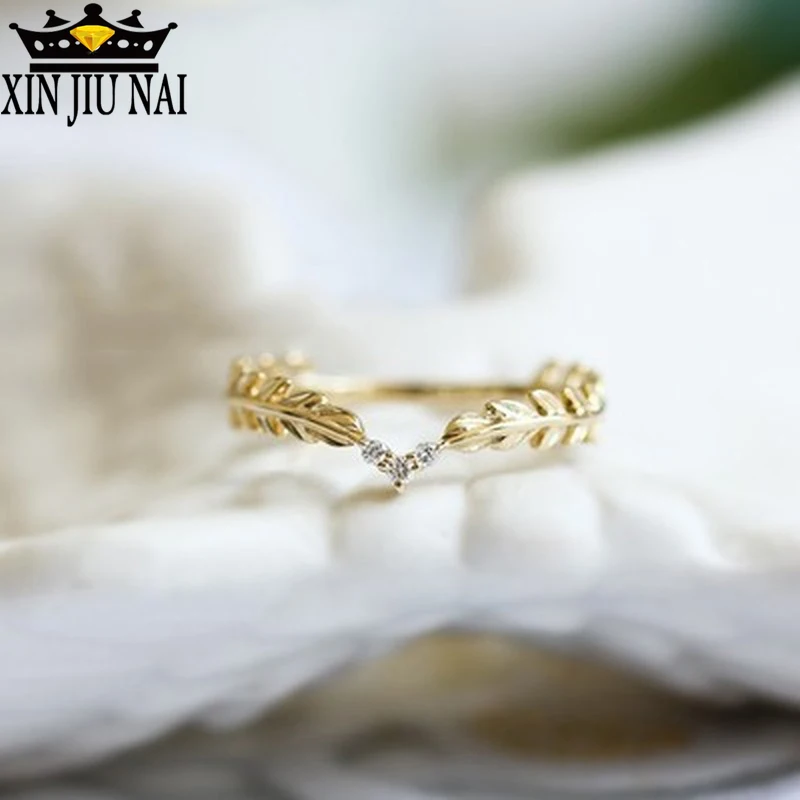 

14K gold leaf feather ring stacking tail ring Leave Feather Crystal Ring Gold Color Women Mood Love Rings Party Gifts Jewelry