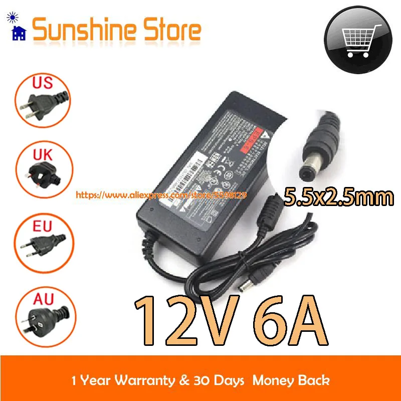 

Оригинальный адаптер переменного тока Delta 12 в 6 А 72 Вт, стандартное зарядное устройство для светодиодной ленты 3528 5050, источник питания CCTV