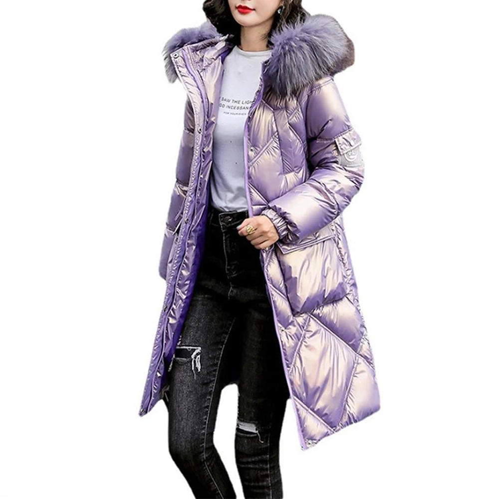 

Winter Women Jacket Mid-Length Korean Coat Warm Hooded Shiny Outerwear Parker Overcoat Long Sleeve Casual Tops Fashion Clothes