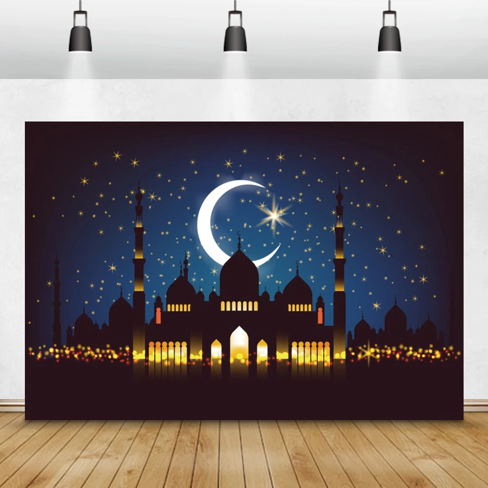 Laeacco Eid Mubarak фоны мусульманская мечеть полумесяц звездное небо Рамадан кареем