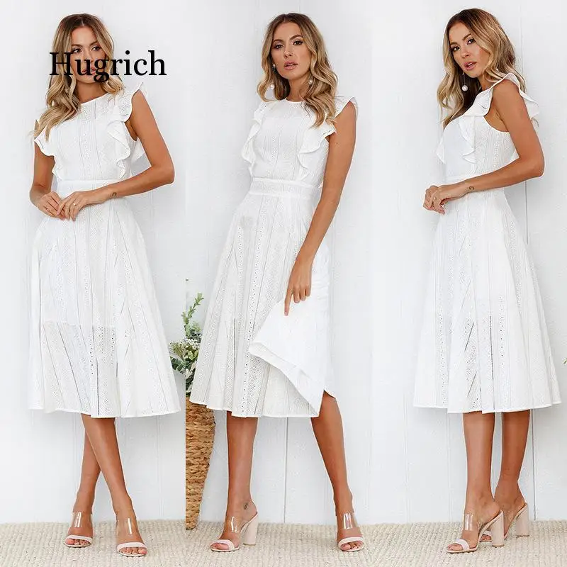 

Women Office Casual Maxi Long Midi A-Line Dress Female 2020 Summer White Blue Solid Lace Sleeveless Elegant Party Dress