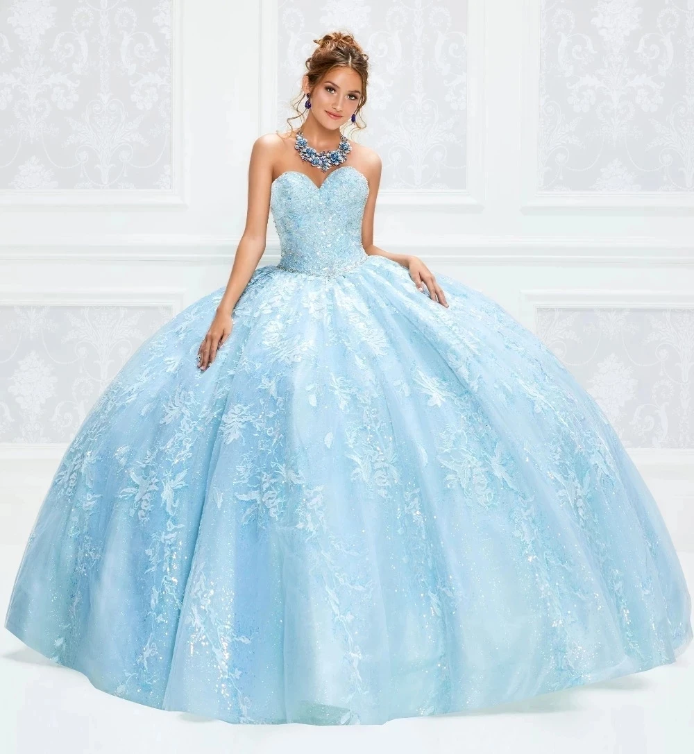 

Sky Blue Cheap Quinceanera Dresses Ball Gown Sweetheart Tulle Appliques Beaded Puffy Sweet 16 Dresses