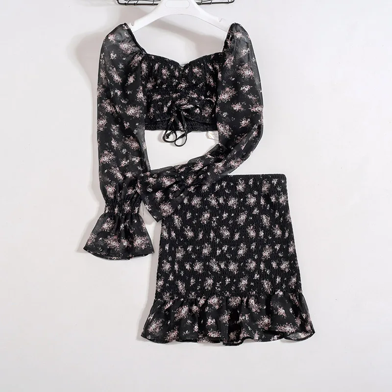 

Good Quality Prairie Chic Floral Print Two Piece Sets Women Short Tops And Skirts Ruffle Hem Flower Slim 2 Piece Sets For Woman
