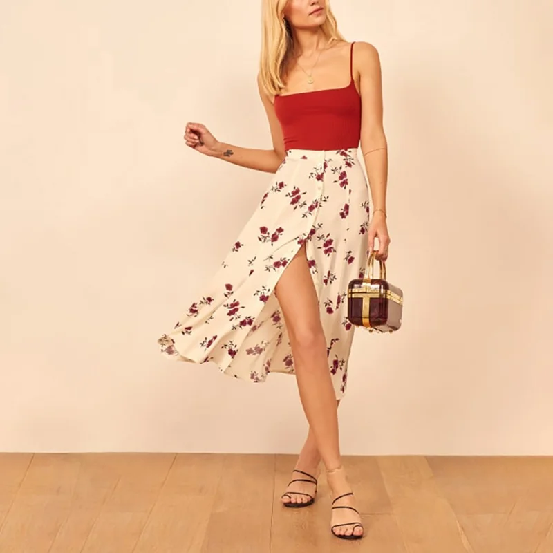 

Высокая талия Сплит миди юбки для женщин макси цветочный принт Повседневная шикарная летняя юбка Сексуальная Высокая мода Бохо юбка