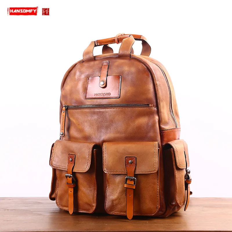 

Мужской рюкзак HANSOMFY из натуральной кожи, сумка для ноутбука, модный тренд, повседневные мужские большие дорожные рюкзаки, Мужская мотоцикле...