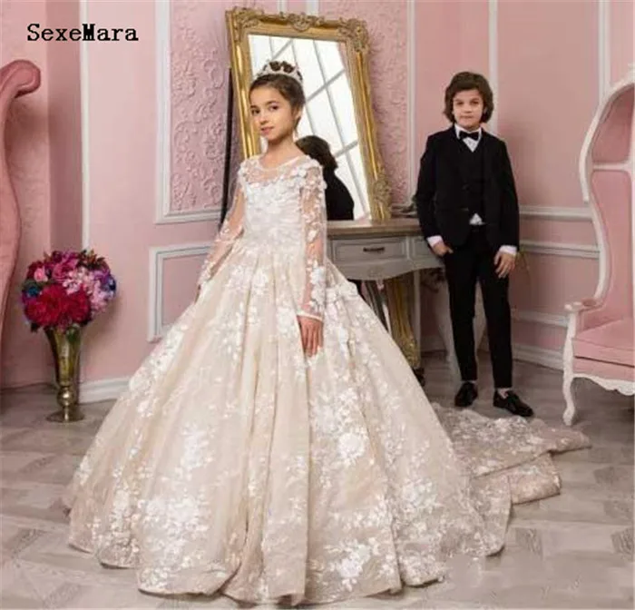 Роскошное Новое поступление платья для девочек с цветами длинным рукавом и