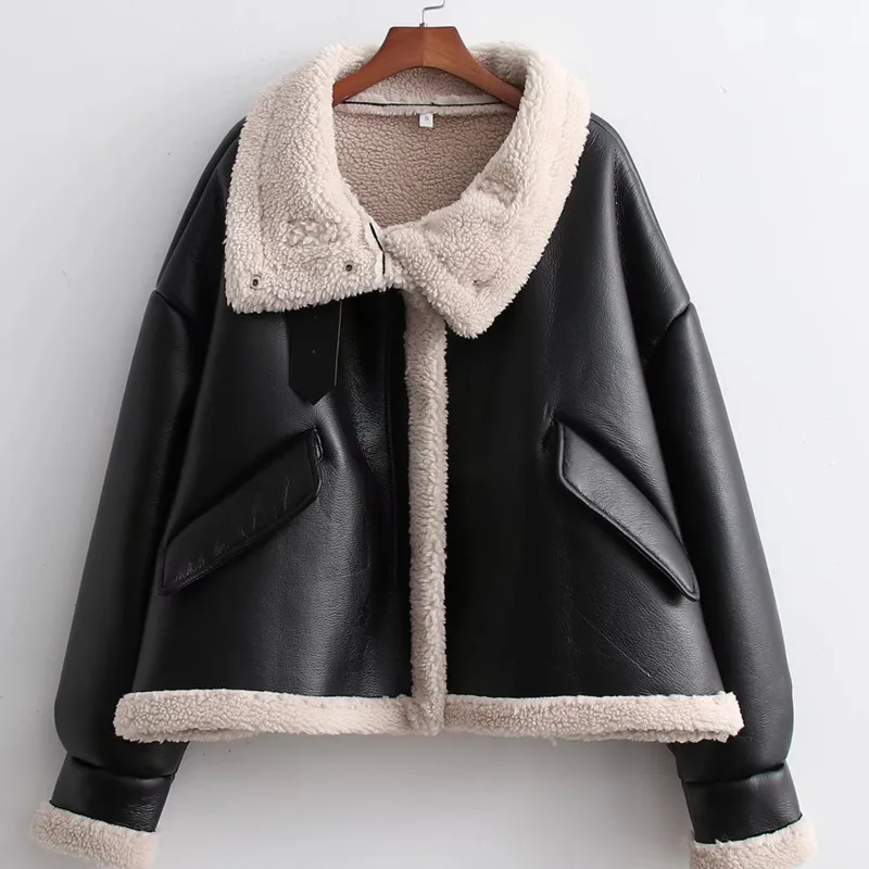 Enlarge Elegant Faux Leather Lamb Jacket PU Winter Black Vintage Turn Down Collar Thicken Warm Outwear Zipper Streetwear Female Jacket