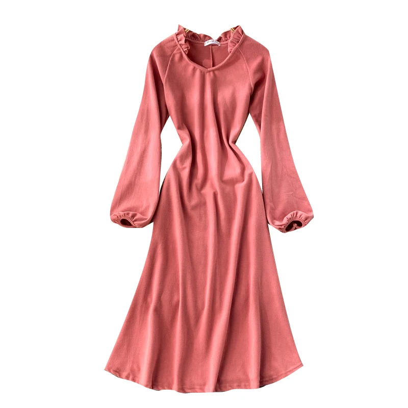 

Autumn Winter Sweet Fashion Temperament Wood Ears V-neck Slim Dress Female Puff Sleeve Bottoming Dresses Women UK729