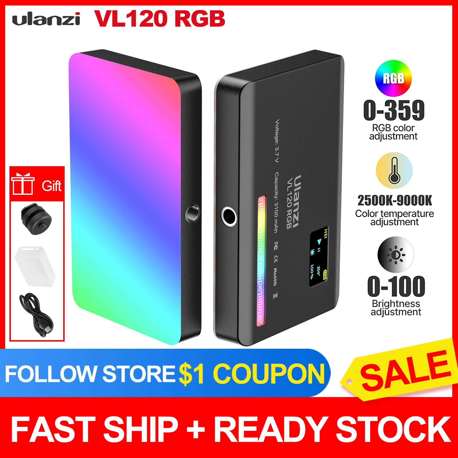 Ulanzi VL120 RGB мини светодиодный видео светильник 2500K 9000K освещение для фотосъемки с