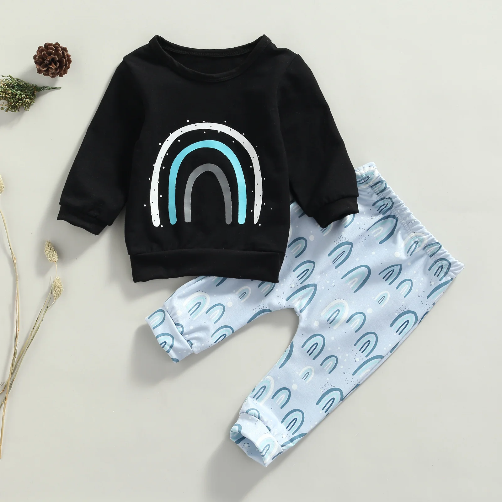 

0-4Y Autumn Baby Boys Clothes Sets 2pcs Rainbow Printed Long Sleeve Sweatshirt Tops Trousers Pants