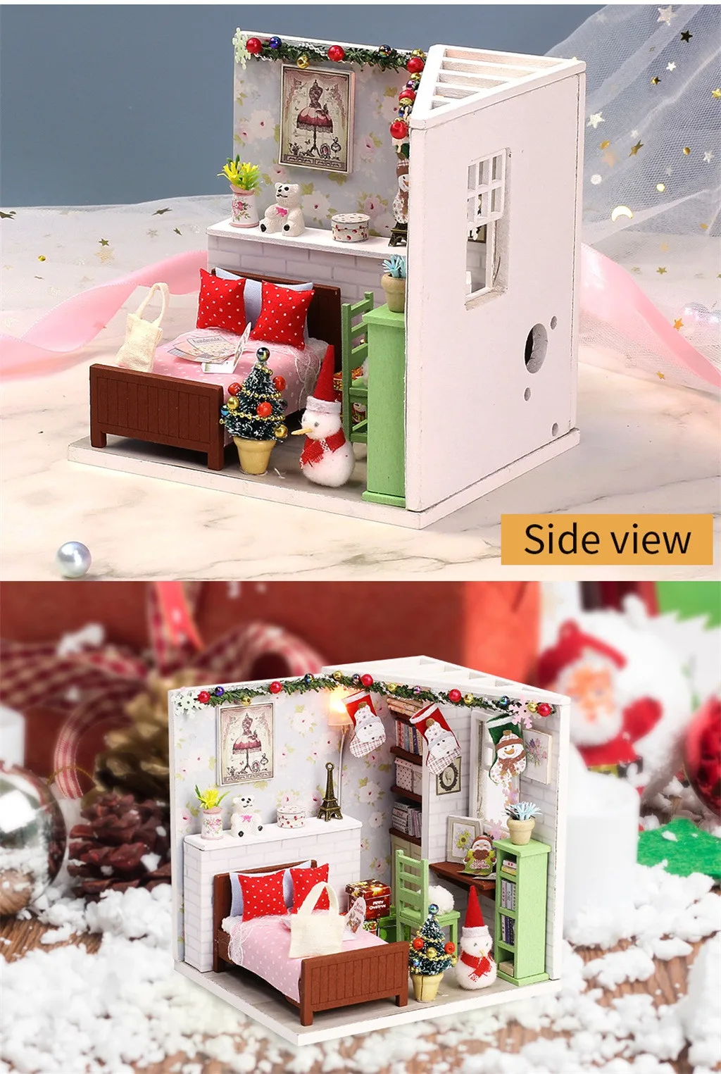 Рождественская кукла дома миниатюрная Ландшафтная мебель Diy 3d деревянная спальня диван светодиодный ночник кукольный домик игрушки для очки-детский подарок на Рождество