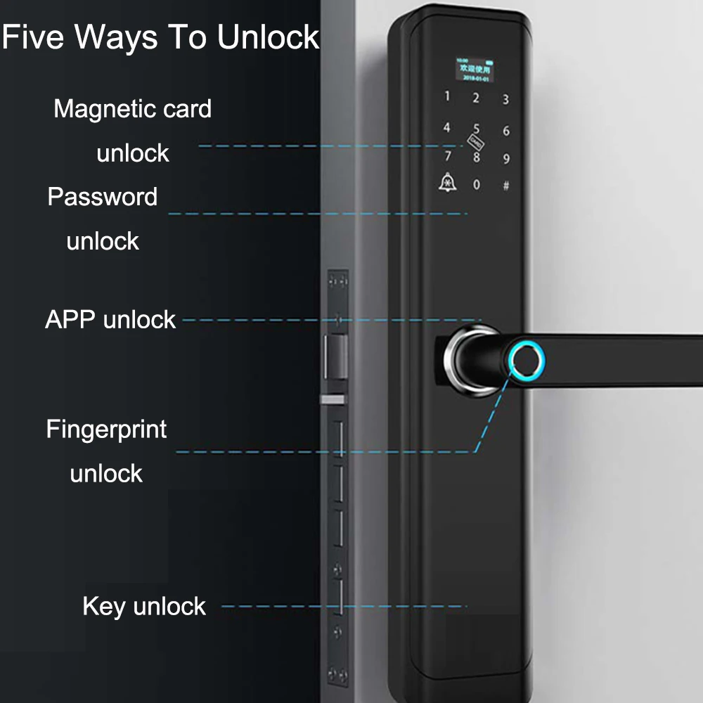 Keyless Unlocking Fingerprint Biometric Magnetic Card Password Lock Cylinder Outdoor Household Electric Deadbolt Smart Door Lock
