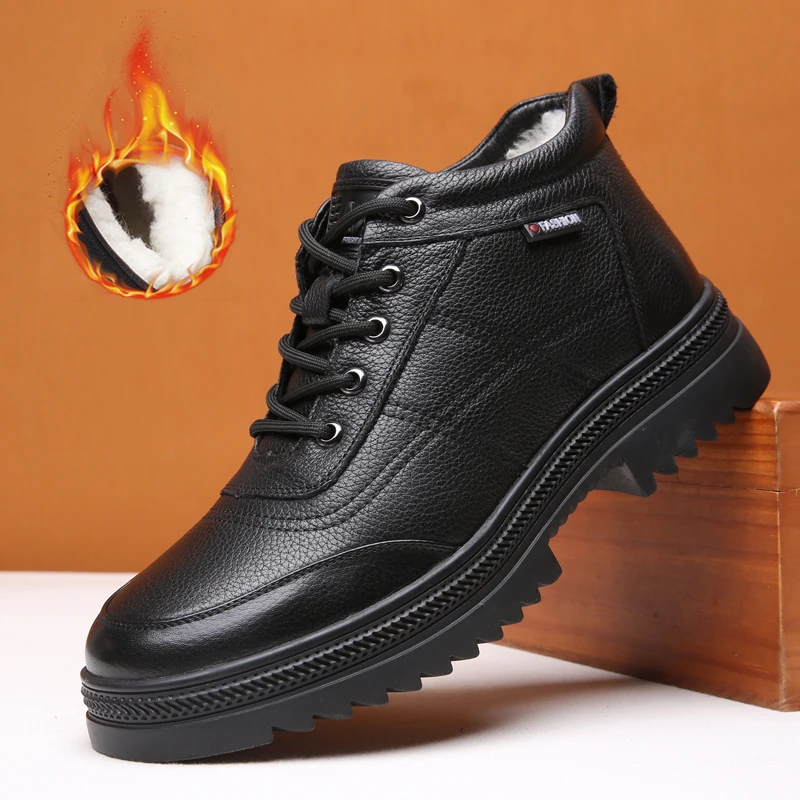 

Men's Cotton Shoes Winter Plush Warmth High-Top Shoes Black Classic Genuine Leather Outdoor Casual Shoes British Men Snow Shoes