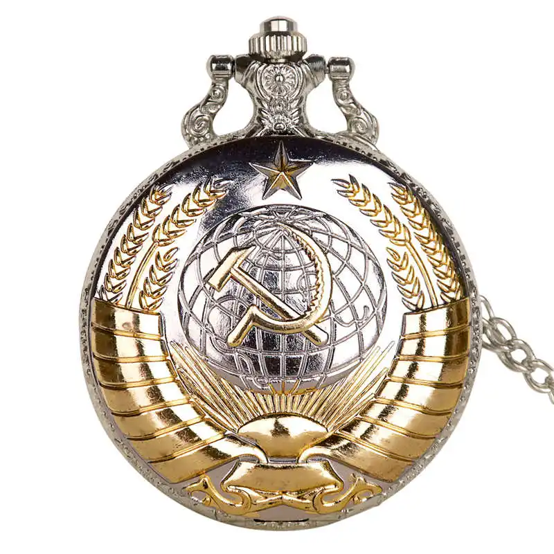 silver gold Винтажные советские значки, серповидный молоток, карманные часы, ожерелье, бронзовая подвеска, часы на цепочке, модные женские и мужские с подарочной коробкой - Цвет: silver gold