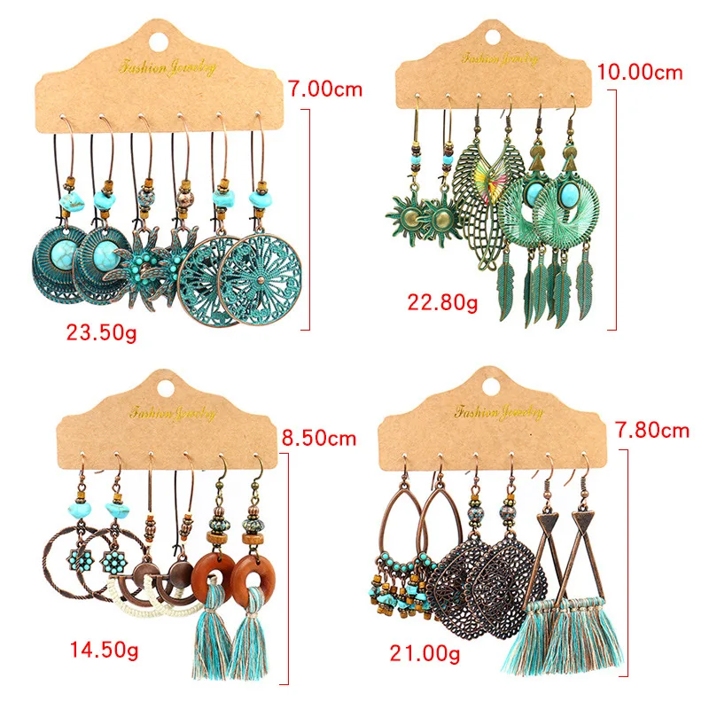 

3 Pairs/ Set Weave Retro Ethnic Style Earrings Boho Tassel Geometric Hollow Long Dangler Earrings for Women Eardrop Jewelry