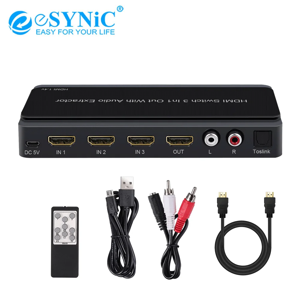 

eSYNiC 4K 3x1 HDMI Switch With Audio Extractor Converter Optical Toslink SPDIF RCA L/R Audio Output Support 4K 3D 1080P PIP