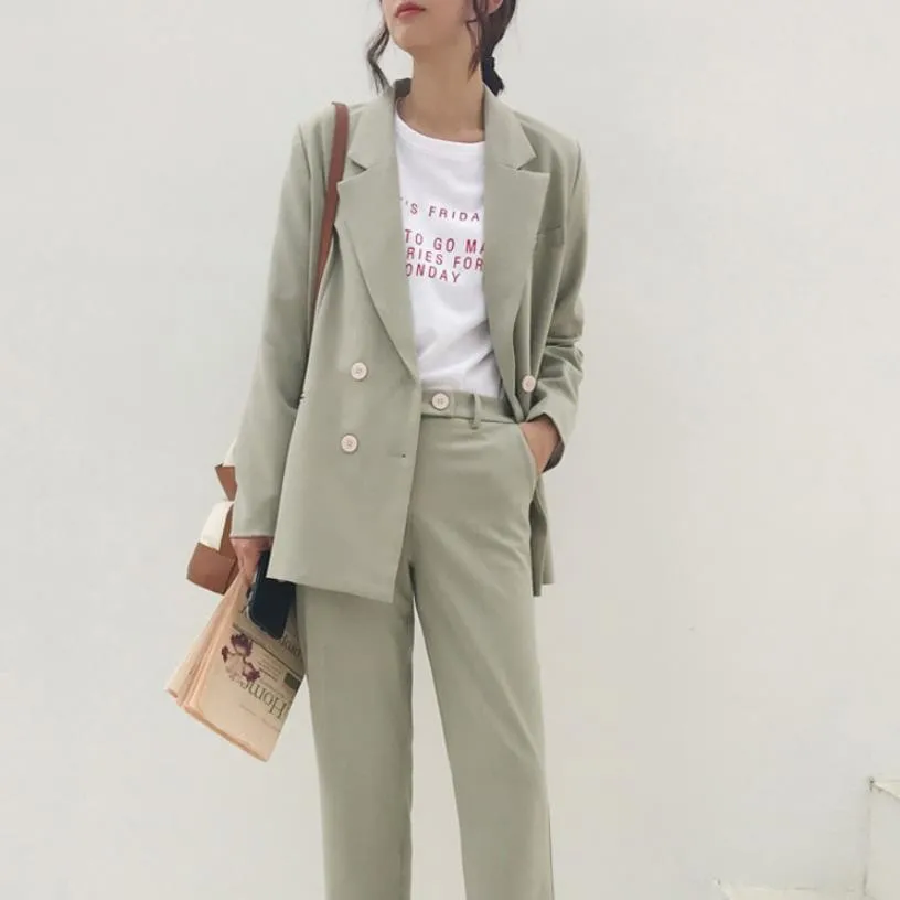 

Blazer Jacket & Pant Vintage Autumn Winter Thicken Women Pant Suit Light Green Notched Office Wear Women Suits Female Sets