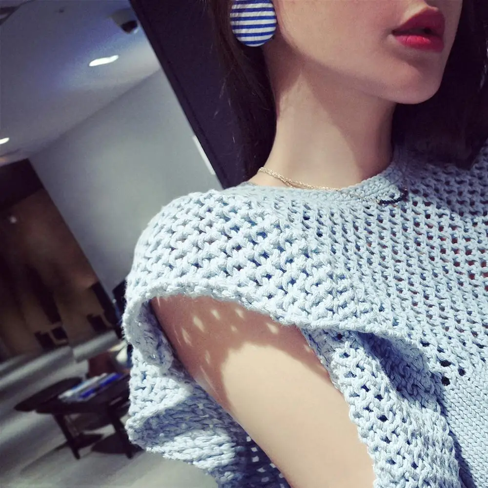 

Spring Winter Fashion Pullover Sweater Female 2020 Blue Cutouts FZ006 Sexy Ladies Woman's Ruffles Sleeves Sweater Tops