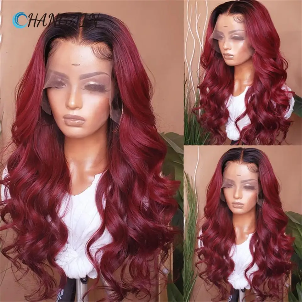 CHANGJIN 1B99J Ombre Colored Lace Human Hair Wigs with Baby Hair For Women Brazilian Burgundy Remy Wavy Gluless Part Perruque
