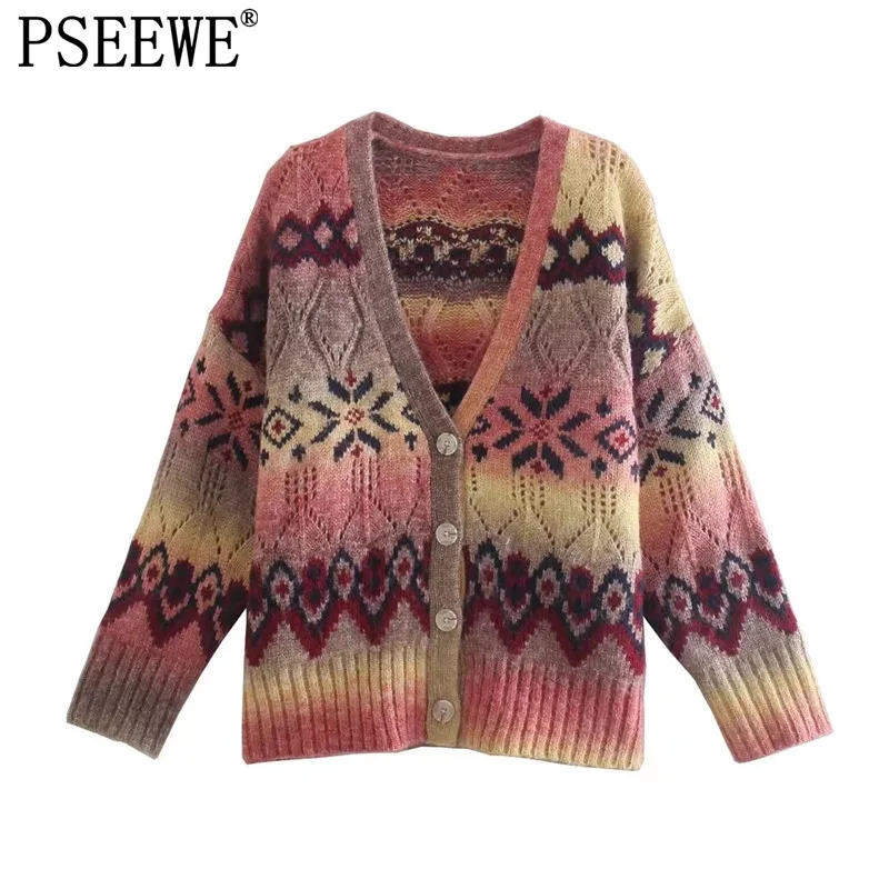 

PSEEWE Za Women Sweater Vintage Jacquard Knitted Cardigan Woman Fall Fashion Long Sleeve Button-Down Cardigan V Neck Sweater