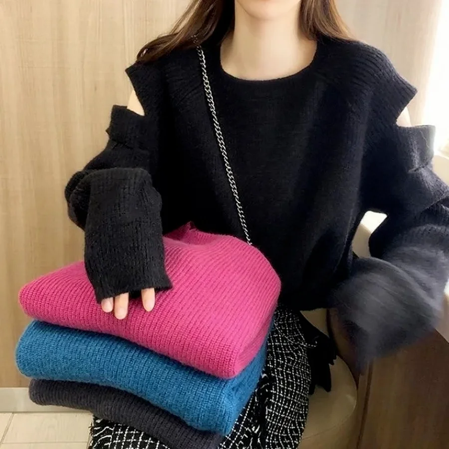 

2021 Autumn and Winter New Round Neck Sexy Off-the-shoulder Lazy Knit Bottoming Shirt Loose Solid Color Sweater Women's