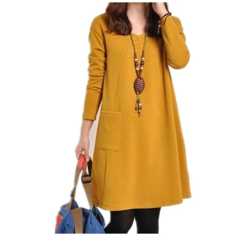 

FREE RETURN New Spring Autumn Women Medium Waist Sweatshirt Loose Long Sleeve Casual Plus Size Dresses Retro Ladies Pocket Dress
