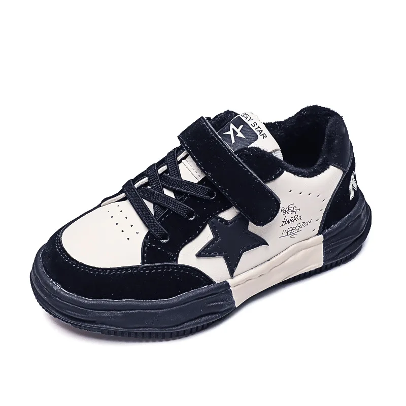 

Korean Star Children's Shoes Winter Plush Warm Leather Shoes Boys Girls Sneakers for 4-16 Years Old Hook Loop Kids Shoes