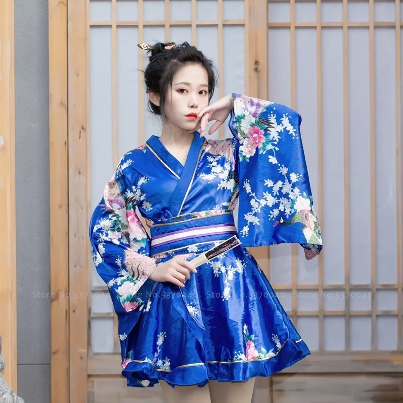 Женское кимоно японской гейши юката Ретро халаты Китайский Стиль павлин с