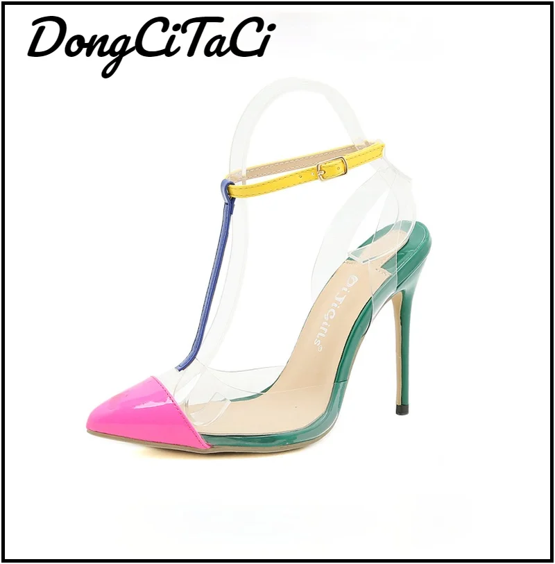 

DongCiTaCi Women Sandals Wedding Party Sexy Pointed Toe High Heels Sandals For Women Shoes Transparent T-Strap Pumps 35-42