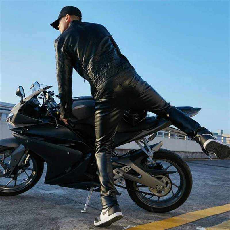 Motorcycle leather jacket men's leather pants set riding clothing work plus velvet thickening clothes black pantalon cuir homme