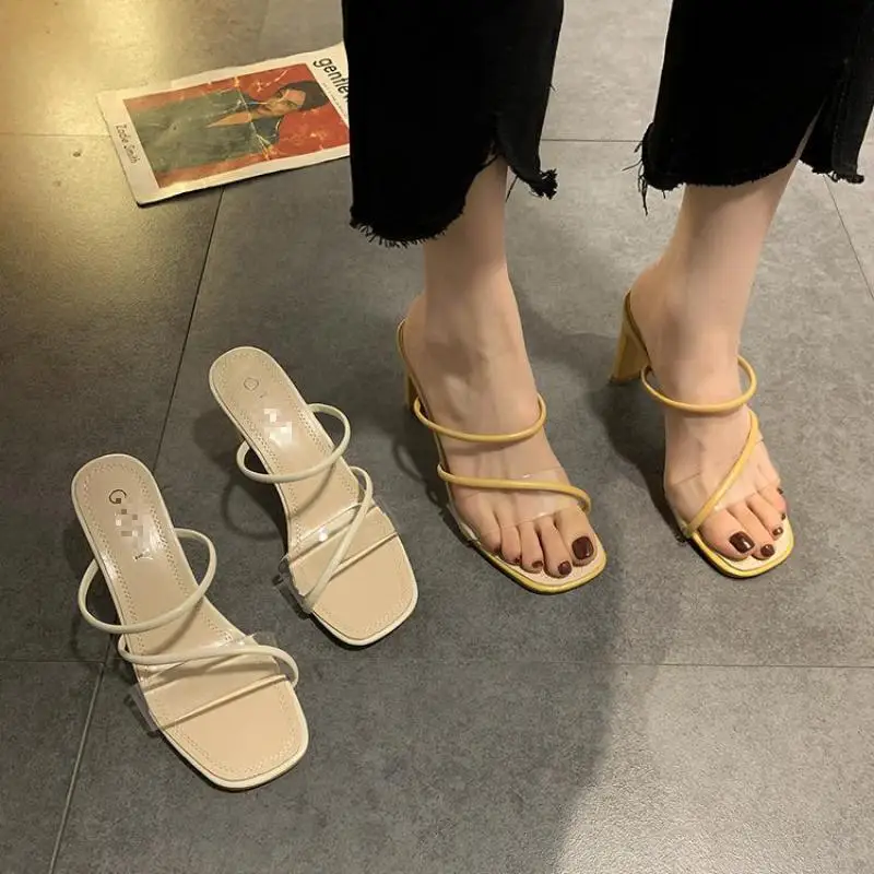 

Slippers Women Summer Shoes Transparent Square Heels Outdoor Women's Sandals Open Toe Pumps High Heel Flip Flops Beach Slides