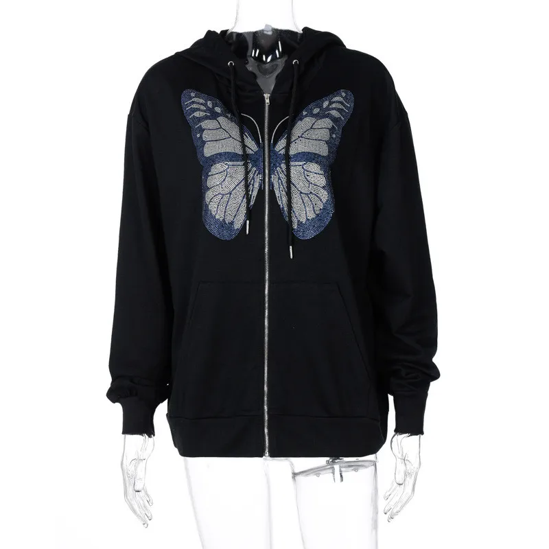 

Women Hoddied Sweatshirt Harajuku Butterfly Printed Hoodie Zipper Long Sleeve Jacket with Pocket for Female Pullover Streetwear