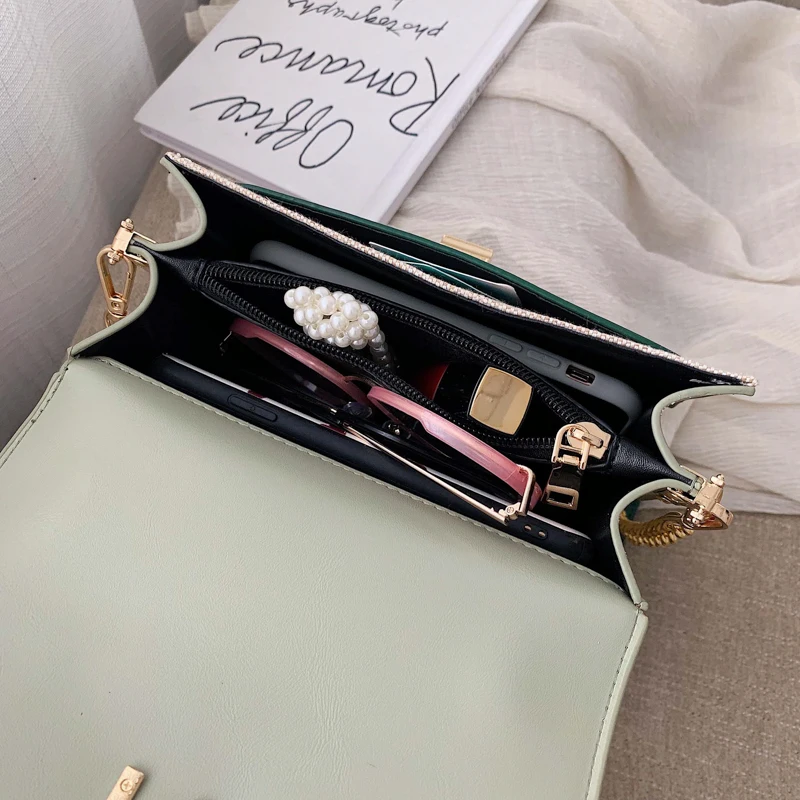 

2020 New Chain Messenger Shoulder Bag with Metal Handle Lady Tote Handbags Contrast Color Pu Leather Crossbody Bags for Women