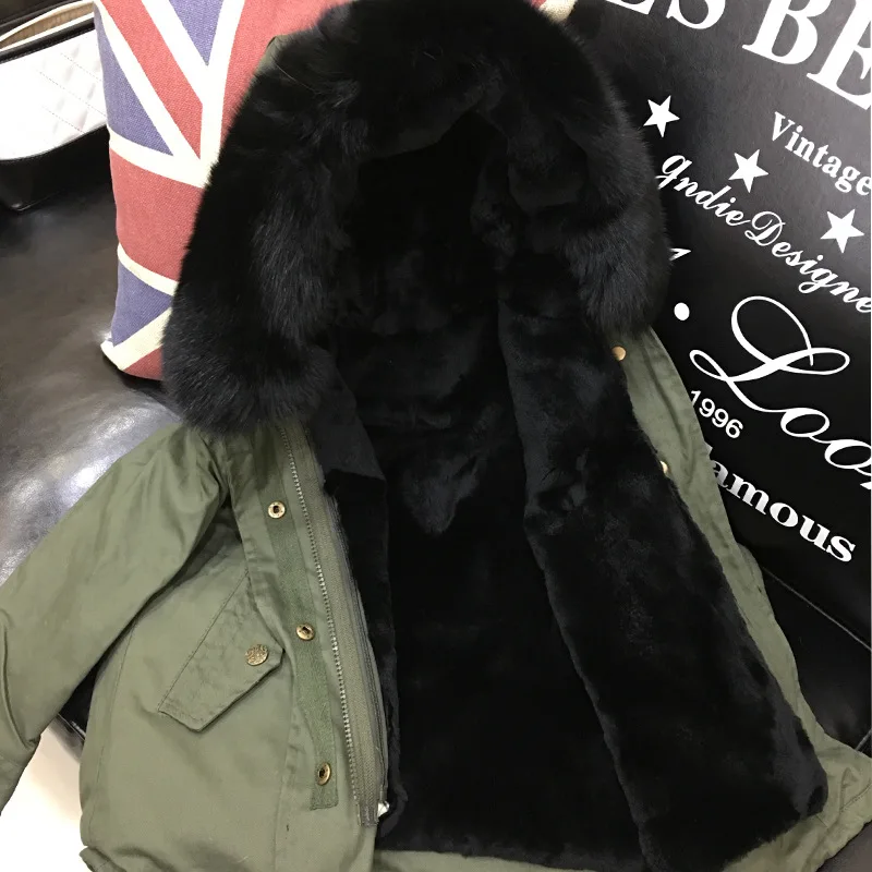 Olive top black fur Г. Детские куртки из натурального кроличьего меха зимние пальто для девочек со съемной подкладкой из натурального меха, куртка для малышей меховой воротник енота - Цвет: Olive top black fur