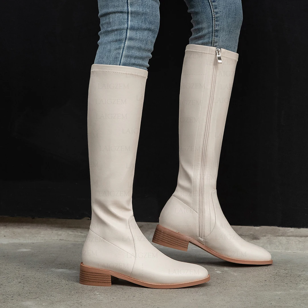 

LAIGZEM Women Knee High Boots Genuine Leather + Synthetic 3.5CM Square Heels Side Zip Boots Ladies Shoes Woman Big Size 33 38 41