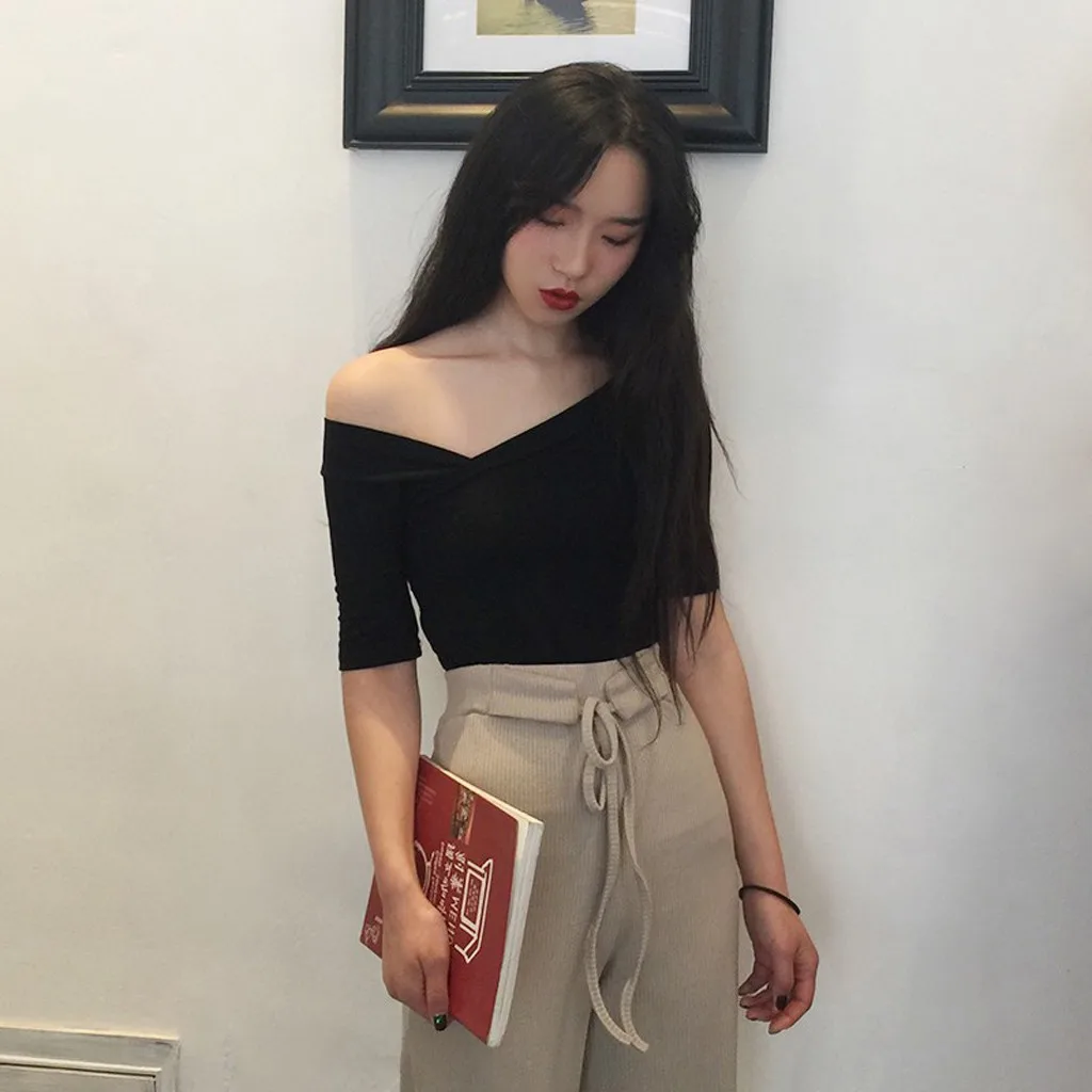 Женская футболка с косой шеей летняя ассиметричная крест короткий рукав