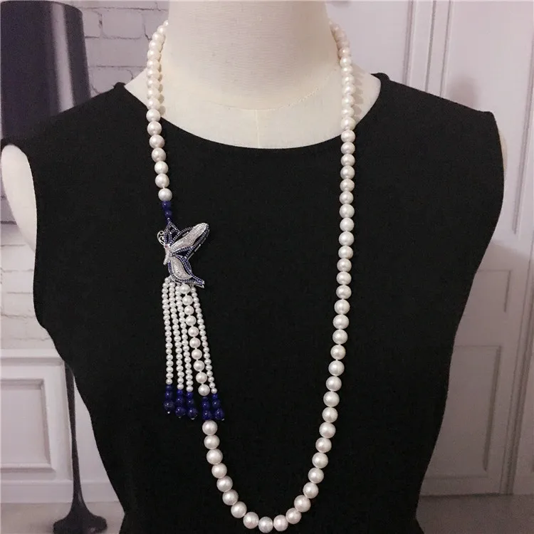 

Сотканные вручную натуральные 8-9 мм белый пресноводный жемчуг синий камень Бабочка кисточкой ожерелье на цепочке, модное ювелирное изделие