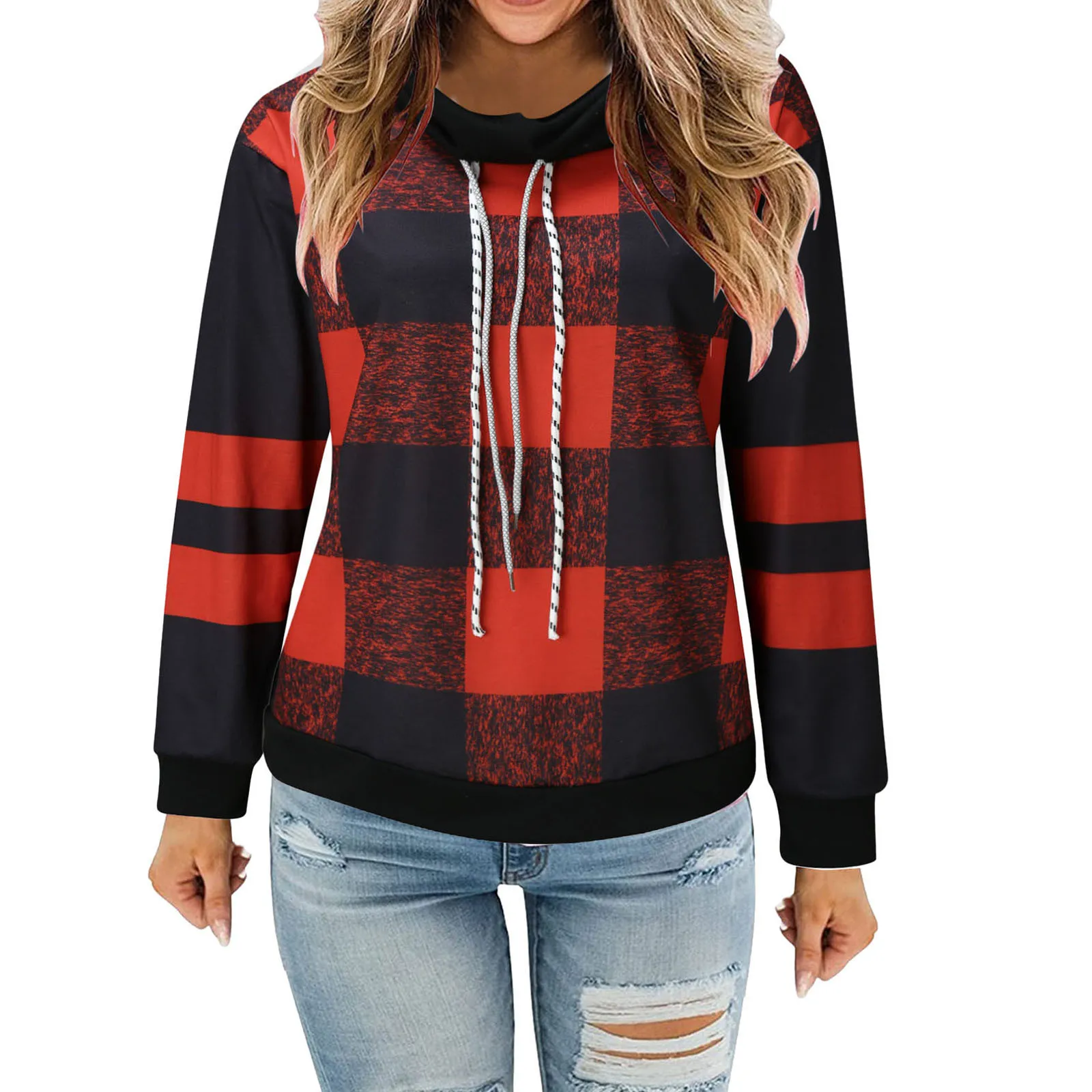 

Женская толстовка в клетку, с длинным рукавом и капюшоном