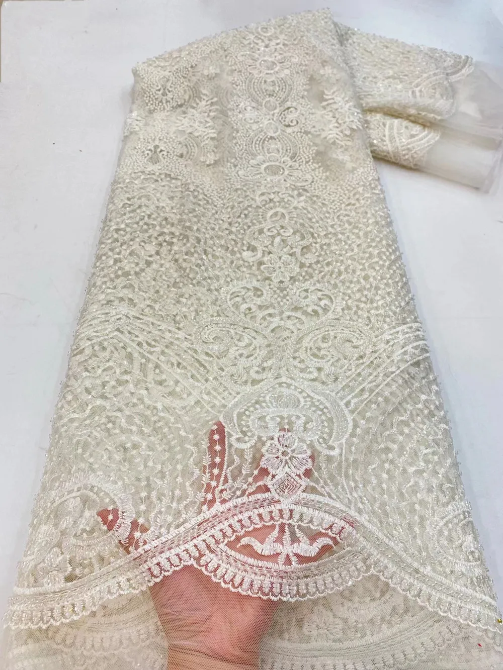 

Latest Luxury Tulle Lace Fabric High Quality Fashion Net Fabric With Beads Handmade French Lace Fabric